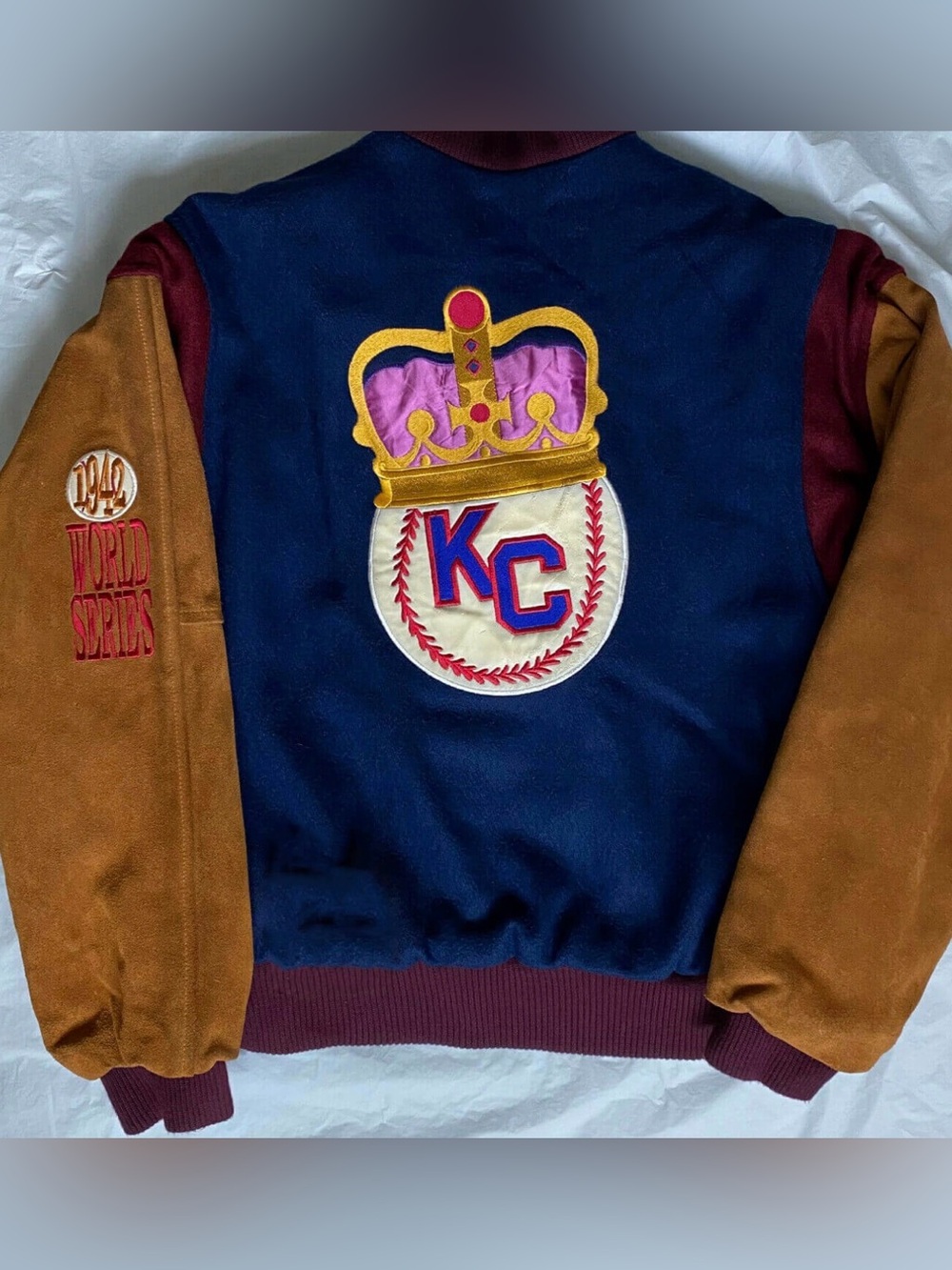 KC Crown EmbroideredVarsity Jacket in Navy, Maroon & Brown
